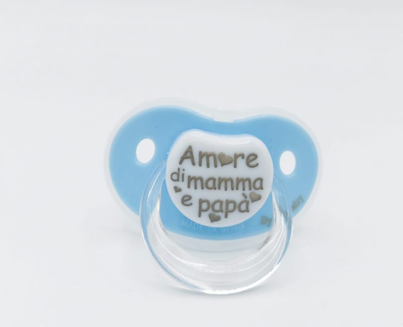 ciuccio con scritta amore di mamma e papà bimbi viareggio azzurro