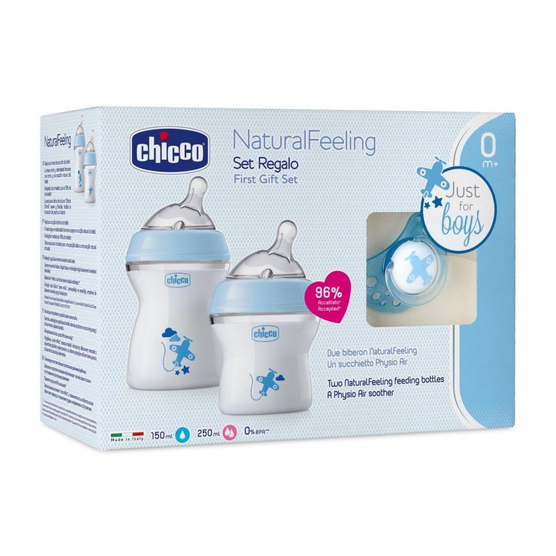 set regalo natural feeling incluso biberon 150ml biberon 250ml ciuccio 0-6m chicco bimbi viareggio